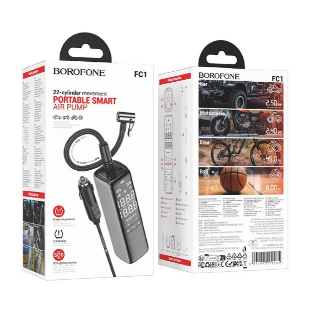 Компресор BOROFONE FC1 12v/кабель 3м/530г(без кабеля)/3,5 бар/52x53x171мм (чорно-сірий)
