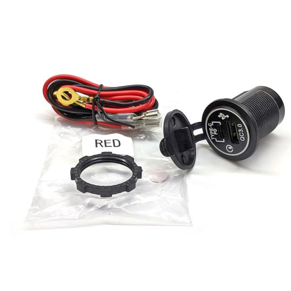 Гніздо під 1 USB+1 Type-C(QC 3.0+PD) DC 12-24V/5V підсвічування з різьбою A93R з дротом