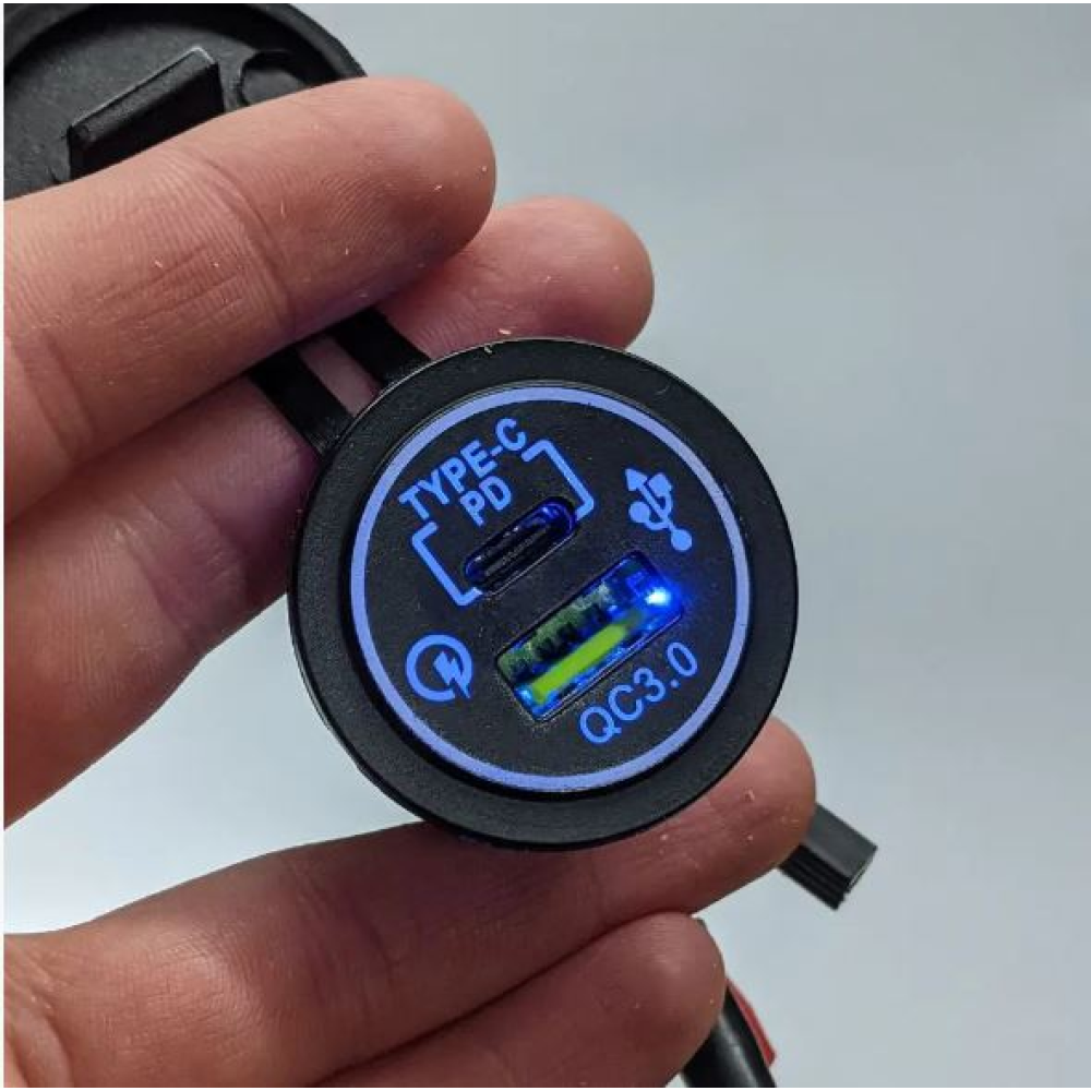 Гніздо під 1 USB+1 Type-C(QC 3.0+PD) DC 12-24V/5V підсвічування з різьбою A93B з дротом