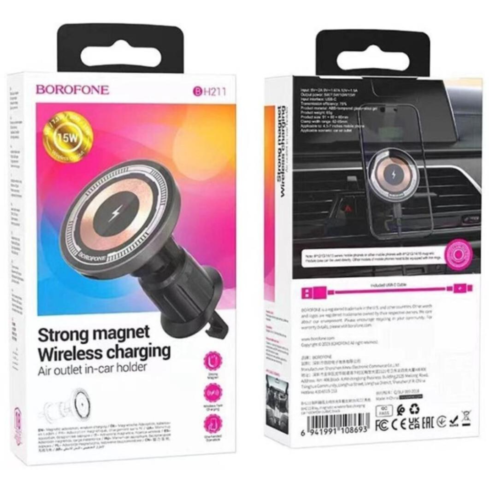 Автотримач з бездротовою зарядкою Borofone BH211 MagSafe, Q15W (гачок)