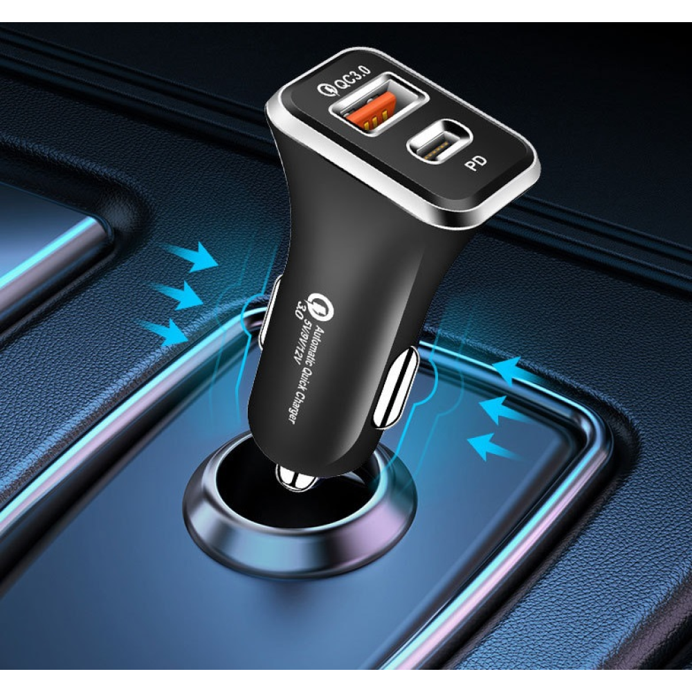 АЗП 12/24V 1USB-1Type-C YY-C04 PD 18W+QC3.0 38W (mini) Чорна