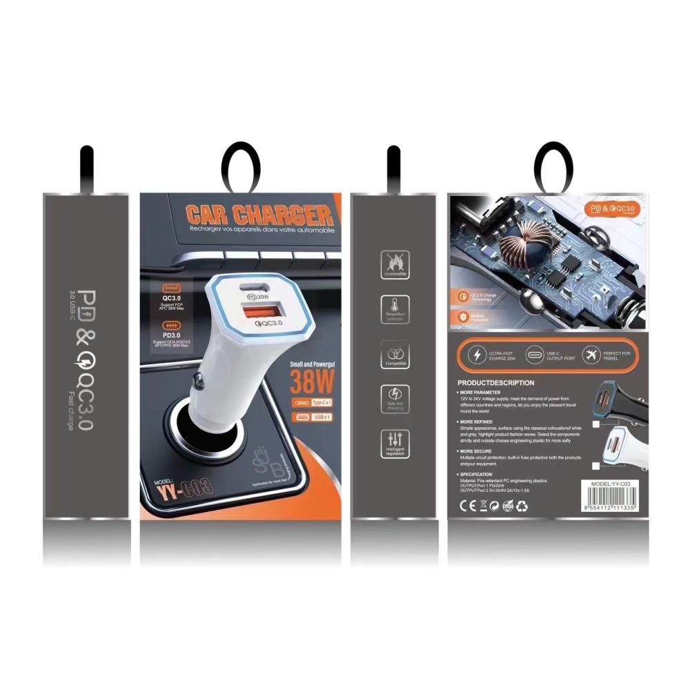 АЗП 12/24V 1USB-1Type-C YY-C06 PD 18W+QC3.0 38W (Led підсвітка) Чорна