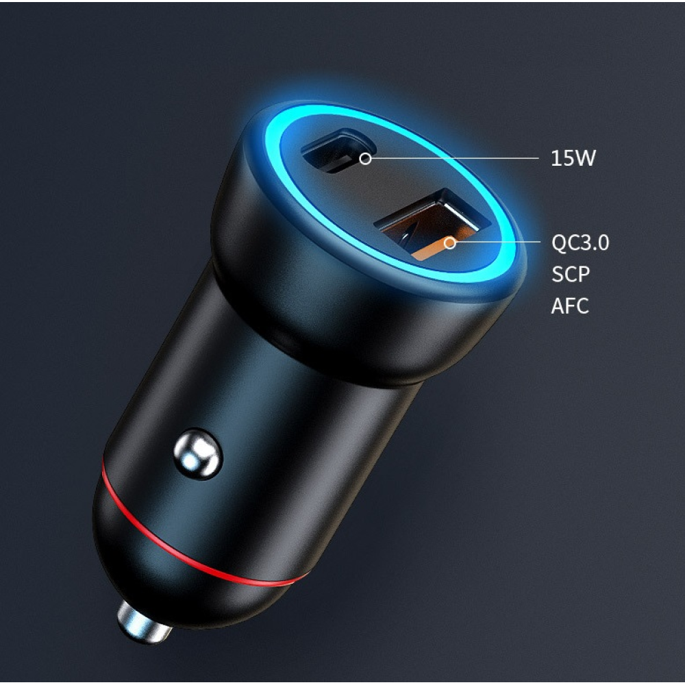 AЗП 12/24V 1USB-1Type-C 2,4А 22.5W.PD20W. QC3.0 P30 (Mini) метал