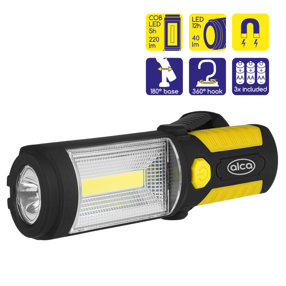 Переноска діодна 3W COB/220 lm +1W L=215/3*АА/Alca Led 580400/зміна кута, магніт, гачок