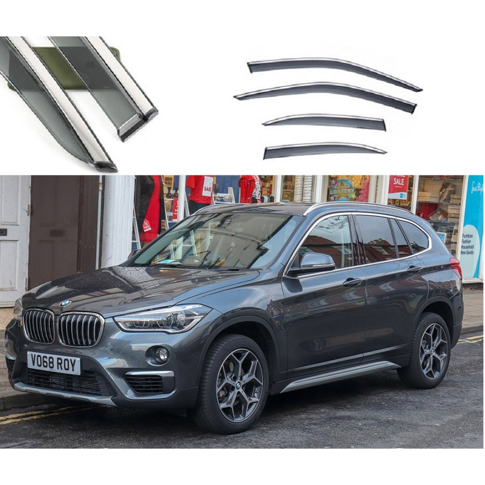 Дефлектори вікон BMW X1 2016-2020 П/К скотч“FLY““молдинг із нерж.сталі 3D“BBMWX11623-W/S(82)