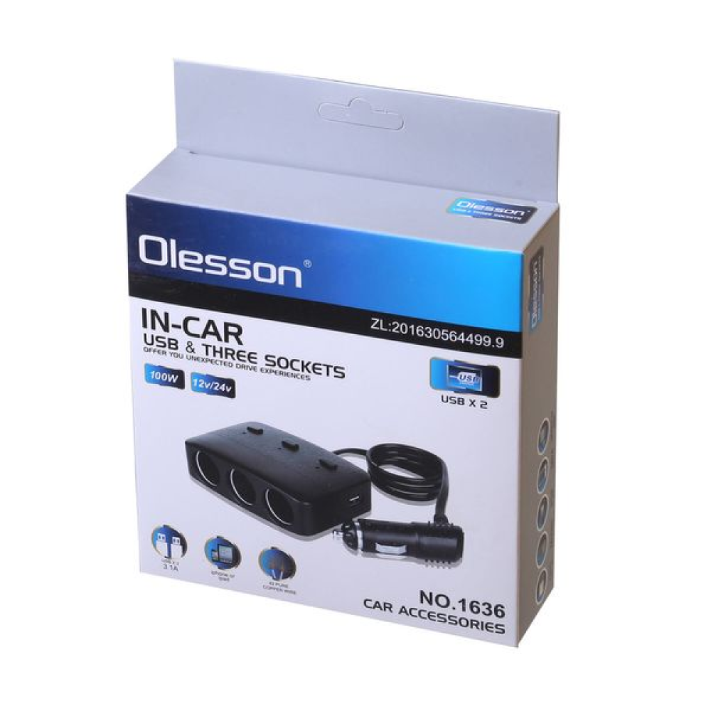 Автомобільний розгалужувач Olesson 1636 Чорний,2USB+3 вимикача