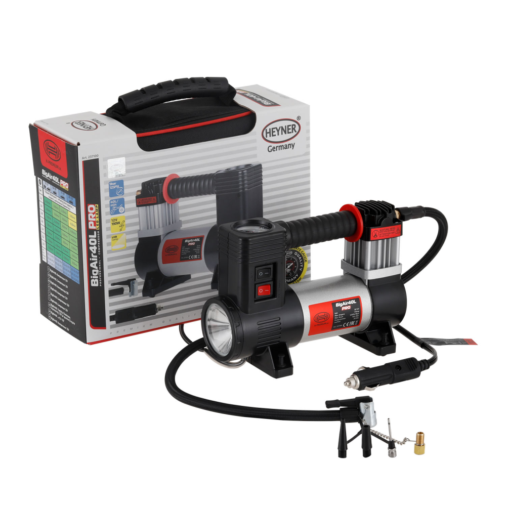 Компресор - Ліхтар-LED - “HEYNER“ 237100 - 12v - 190вт - 40л - 7атм - 14А - в сумці