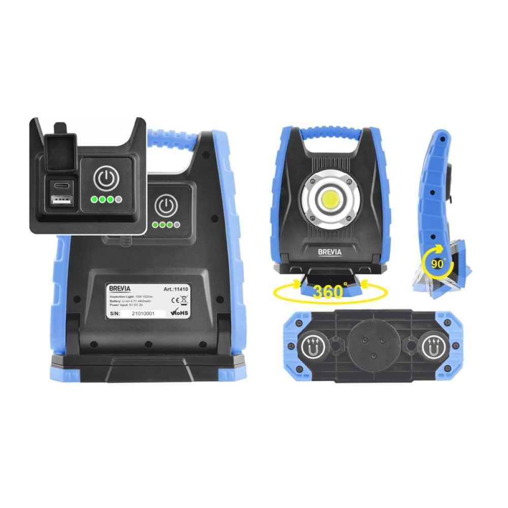 Переноска інспекційна Профі 10W COB/1000 lm, АКБ-4400mAh, 75x45мм/магніт/гачок Brevia №11410