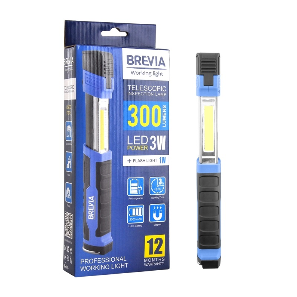 Переноска діодна 3W COB/300 lm +1W L=190-275/2000mAh/microUSB/Brevia Led 11350/телескоп,магніт,гачок