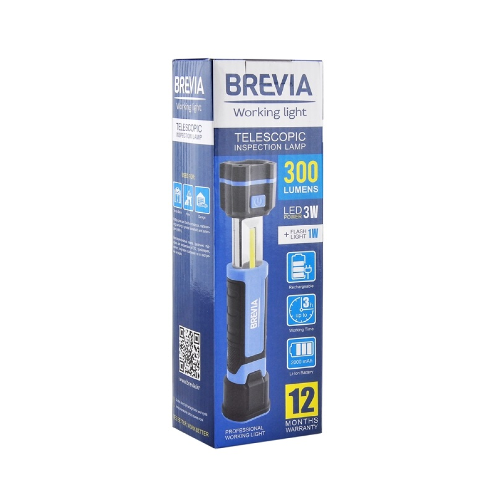 Переноска діодна 3W COB/300 lm +1W L=220-330/2000mAh/microUSB/Brevia Led 11340/телескоп,магніт,гачок