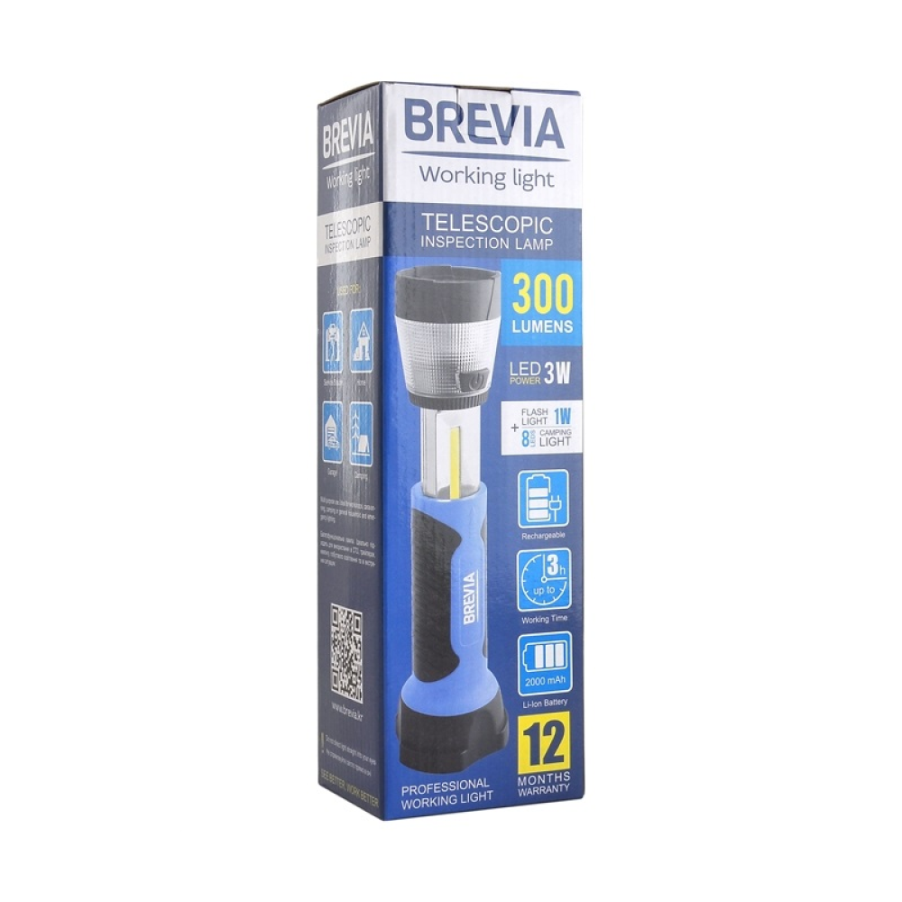 Переноска діодна 3W COB/300 lm +1W+8LED L=235-335/2000mAh/220V/Brevia Led 11330/телескоп,магніт,гачо