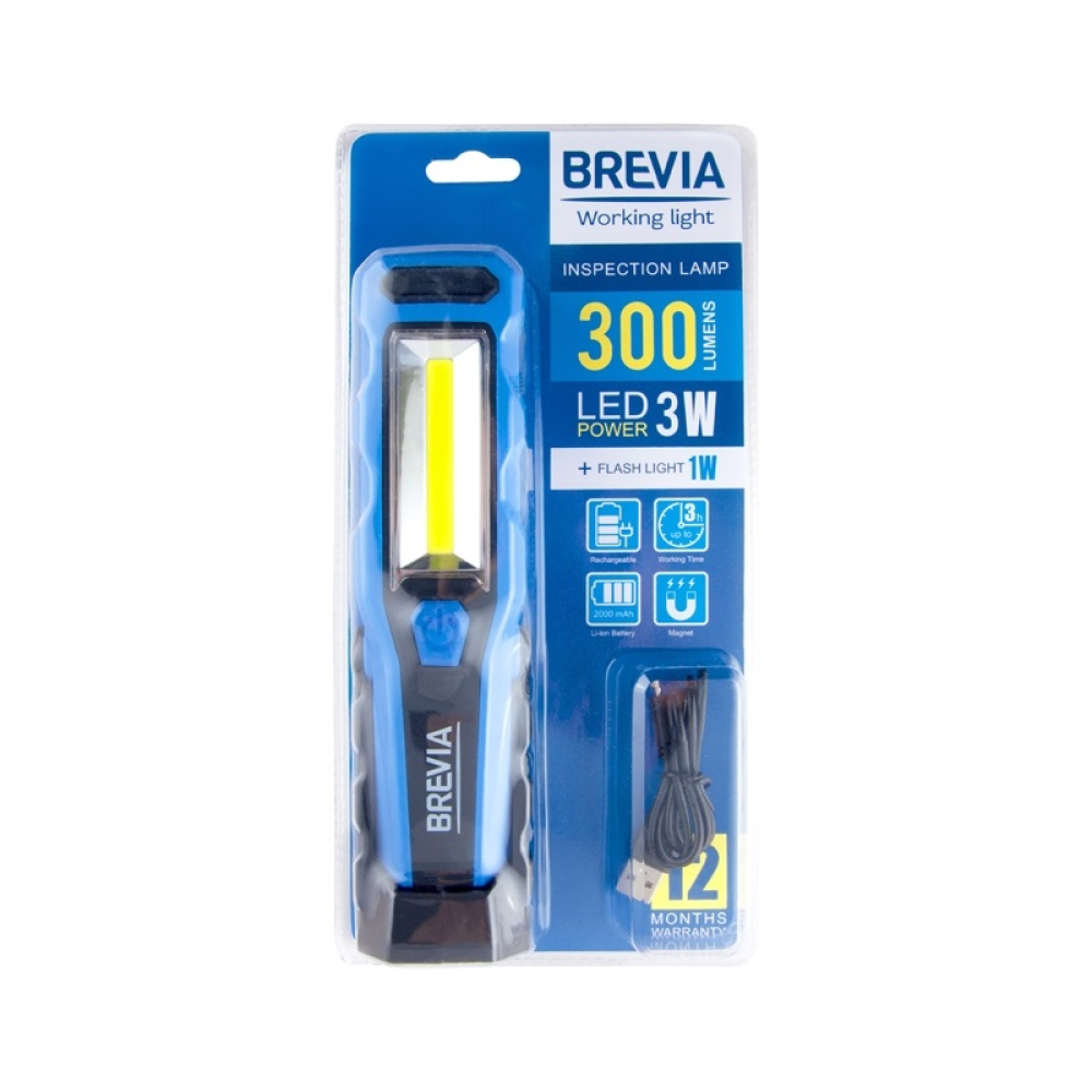 Переноска діодна 3W COB/300 lm +1W L=215/2000mAh/microUSB/Brevia Led 11320/зміна кута,магніт,гачок