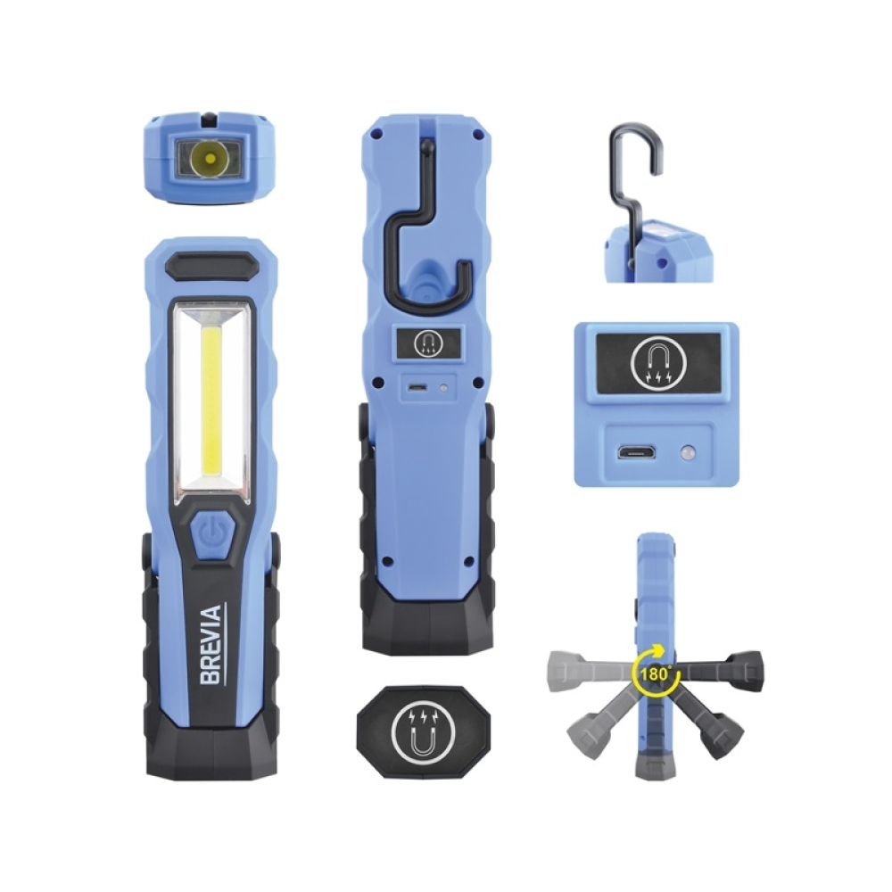 Переноска діодна 3W COB/300 lm +1W L=215/2000mAh/microUSB/Brevia Led 11320/зміна кута,магніт,гачок