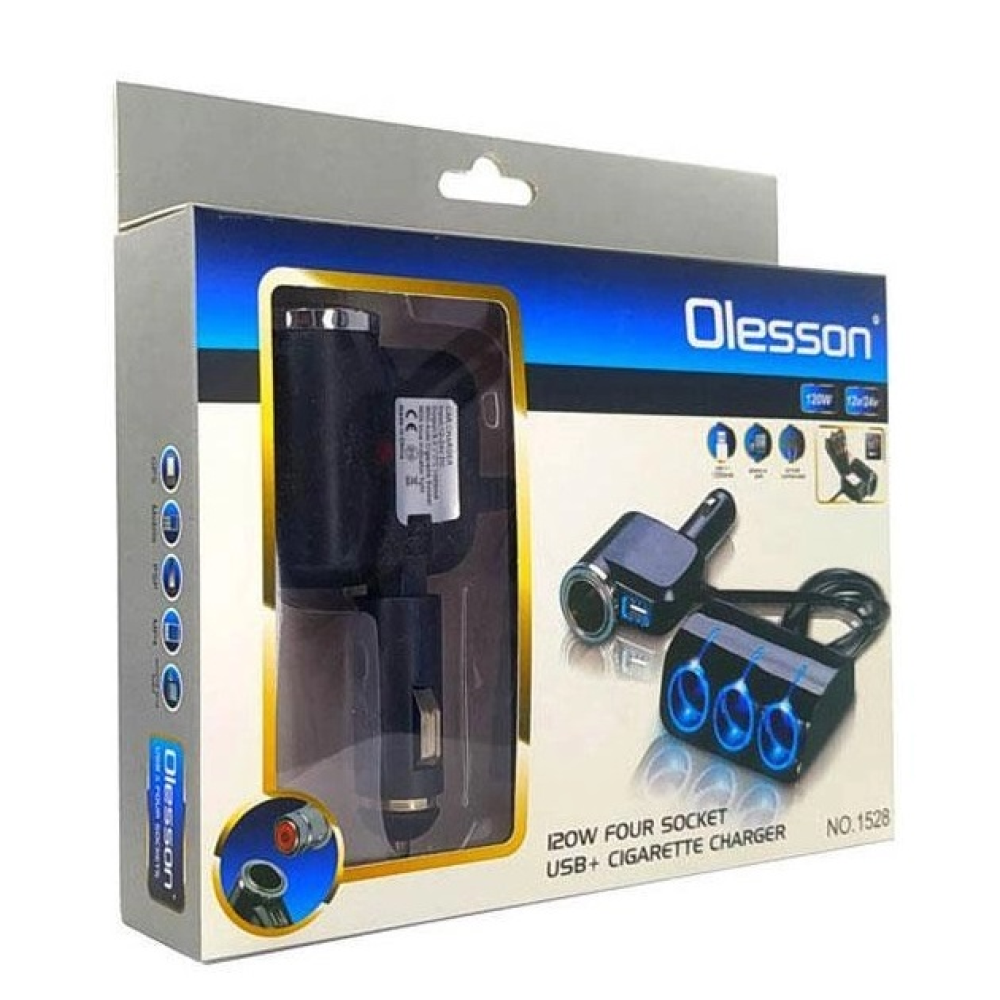 Автомобільний розгалужувач Olesson 1528, з подовжувачем,1USB/1запальничка,LED Чорний