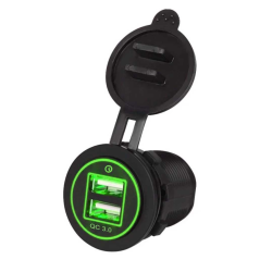 Гніздо під 2 USB DC 12-24V/5V 2,1-1A, підсвічування з різьбою P-19 GREEN QC 3.0