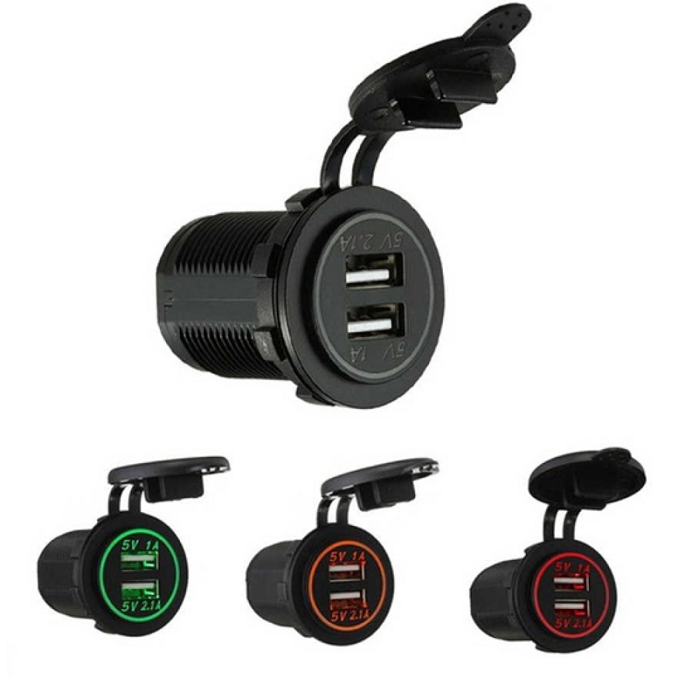 Гніздо під 2 USB DC 12-24V/5V 2,1-1A, підсвічування з різьбою SF-50-2 BLUE