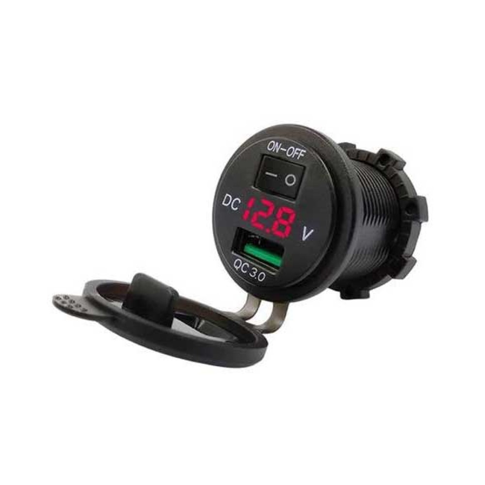 Гніздо під 1 USB+ Вольтметр DC 12-24V/5V підсвічування з різьбленням P10 Red QC 3.0 (вимикач)