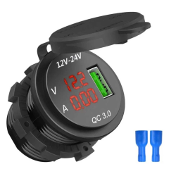 Гніздо під 1 USB+ Вольтметр+Амперметр DC 12-24V/5V підсвічування з різьбленням P11 Red QC 3.0