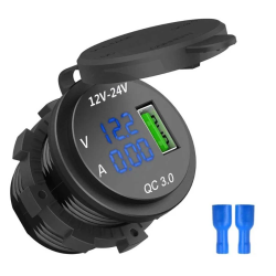 Гніздо під 1 USB+ Вольтметр+Амперметр DC 12-24V/5V підсвічування з різьбою P11 Blue QC 3.0