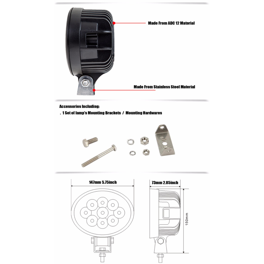 Фара-LED Овал 27W 147*150*73мм (3W*9) 10-30V Дальнє/Spot (16-27W) (1шт) 2701